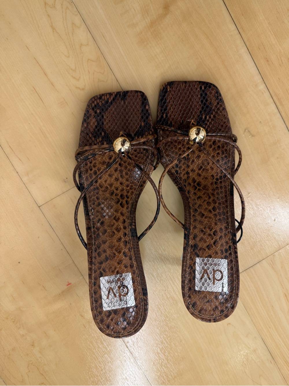 DV by Dolce Vita Brown Snake-Print Slide Sandals with Gold Accent Medallions